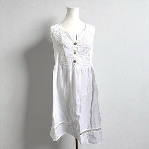 Italian 100% Linen White Dress – Prairie Boho Romantic Cottagecore Midi L